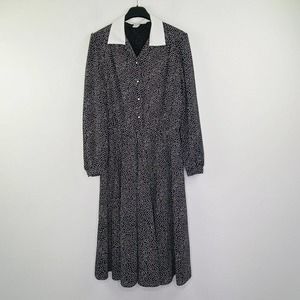 Lynn Davis Women 16 Shirt Dress Black White Dotted Puff Sleeve Midi VTG Flaw AQ1